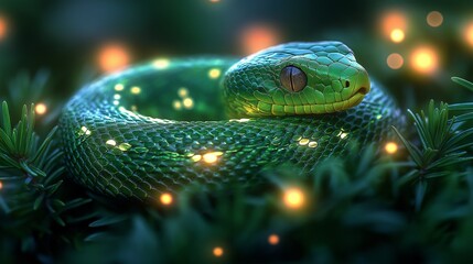 Fototapeta premium Coiled green snake resting in foliage with glowing lights in the background, creating a magical and mystical atmosphere