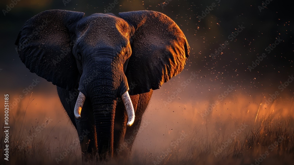 Canvas Prints  A close-up of an elephant in a field of tall grass Sun shines on its head