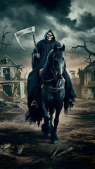Naklejka premium Grim Reaper on a Dark Horse