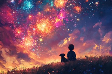 A Boy and His Dog Witnessing a Night Sky Filled with Fireworks