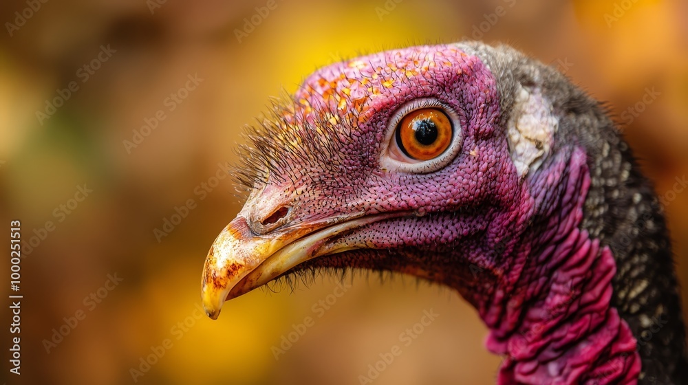 Canvas Prints  A tight shot of a turkey's head against a backdrop of indistinct yellow and brown leaves