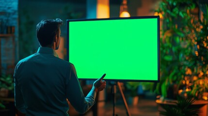 Man interacts with blank green screen in modern office

modern office