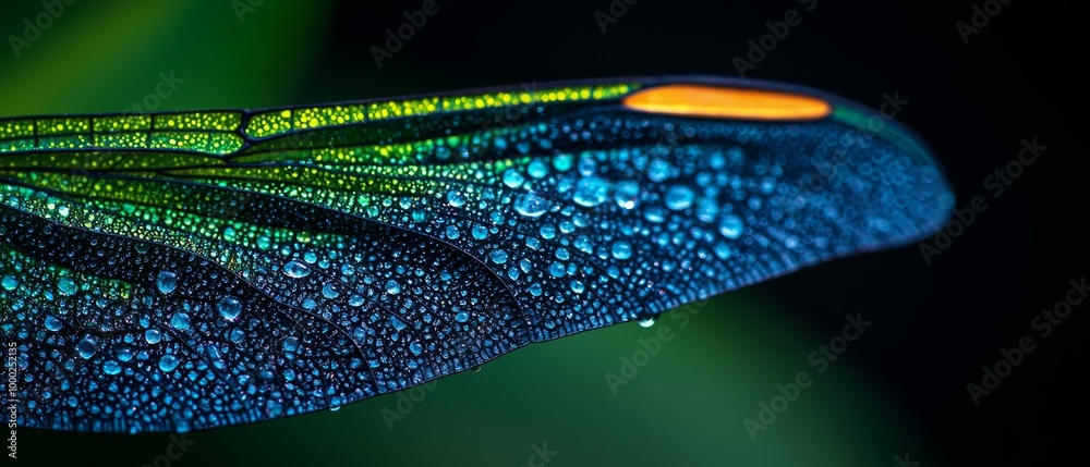 Sticker  A tight shot of a blue-green butterfly wing against a black backdrop, adorned with water droplets