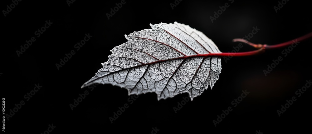 Sticker  A tight shot of a leaf against a black backdrop, featuring red stems at each end