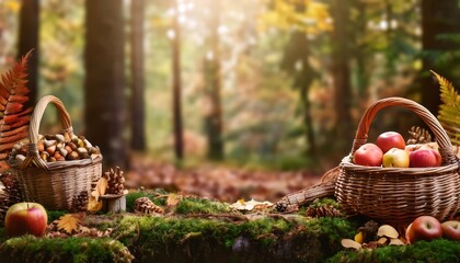 Autumn forest harvest with rustic baskets filled with apples and acorns amidst vibrant foliage and a serene woodland backdrop. Generative AI