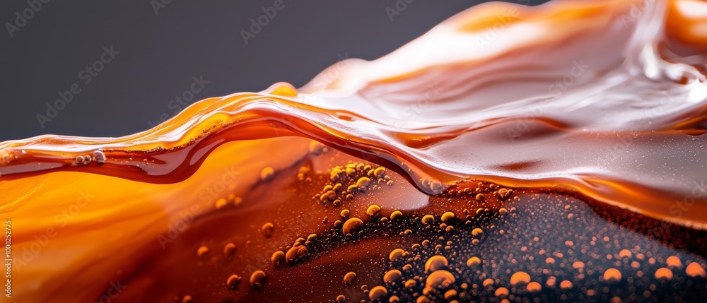 Poster  A bottled orange-brown liquid's tight shot, featuring water drops at its base