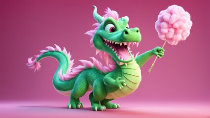 Obraz premium A cheerful dragon character holding cotton candy against a pink background.