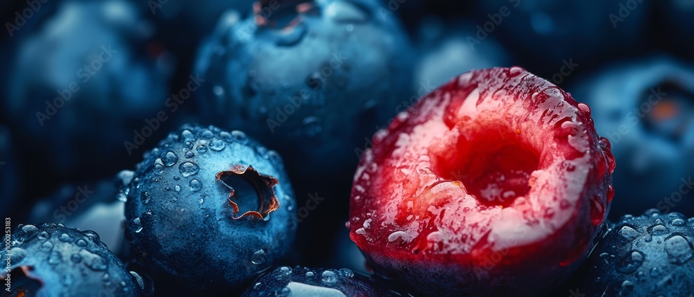 Poster  A tight shot of blueberries and raspberries, each with beads of water clinging to their tops and bottoms