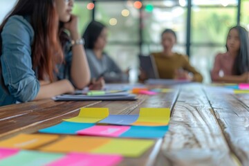 Fototapeta premium Creative Pacific Islander woman in casual wear presents to team, discussing with colorful note paper on wood table, planning to success concept. , background blur