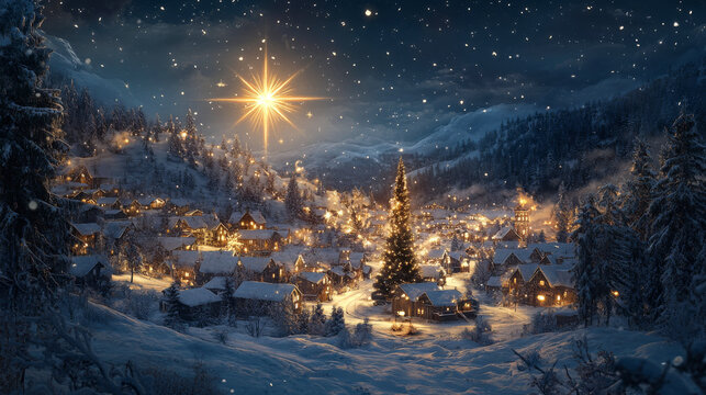 Snowy village with bright star