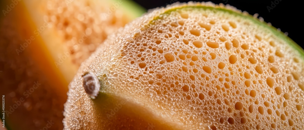 Poster  A tight shot of a fruit piece with water droplets inside and outside