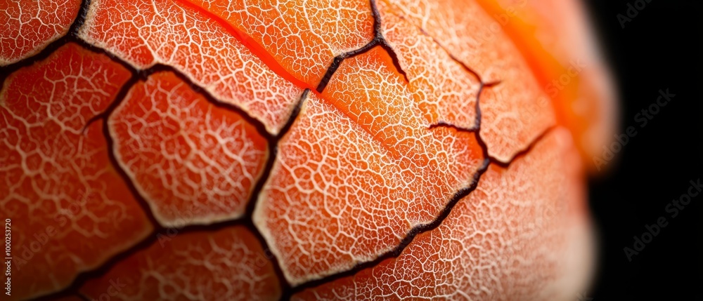 Sticker  A tight shot of a red fruit featuring a leafy texture on its outer half against a stark black backdrop