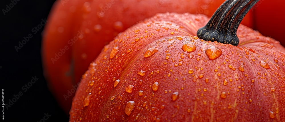 Poster  A tight shot of ripe tomatoes, each with a water droplet atop