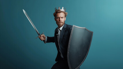 A businessman wearing a crown, holding a sword and shield, acting fierce, solemn, and brave like a warrior going to war. The idea is to dedicate oneself to overcome obstacles for success in business.