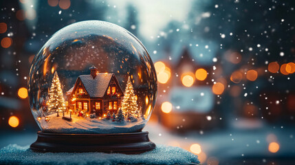 Cozy cabin snow globe in winter