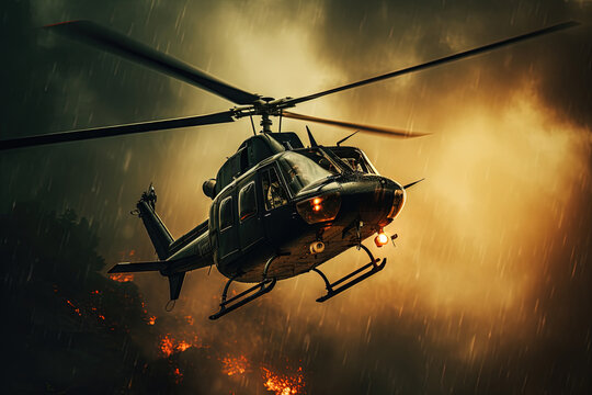 Action shot with helicopter hovering in the air over flame and explosions. Dynamic scene in action movie blockbuster style.