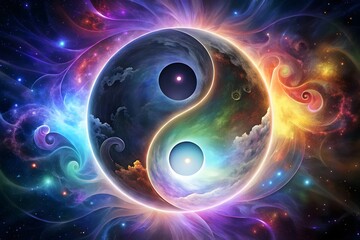 Cosmic Harmony Yin Yang Celestial Balance Energy Colorful Universe Mystical Space Art Design