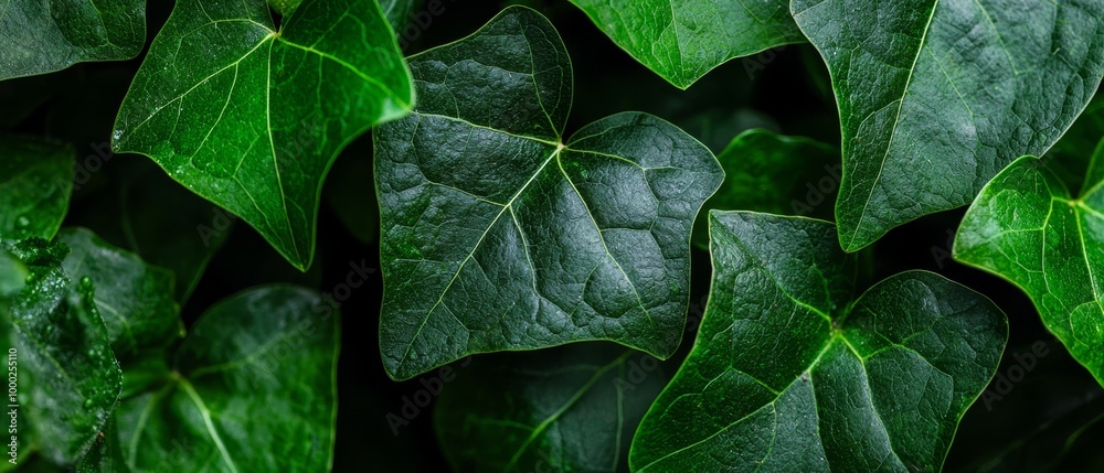 Poster  A green leafy plant with dewdrops on its leaves against a black backdrop