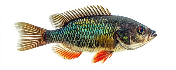 Fototapeta premium Tilapia fish with intricate scale patterns and fins, isolated on white background, belongs to freshwater species, commonly bred in aquaculture.