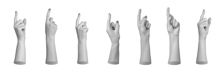isolated hands, all making a pointing gesture with the index finger raised. The hands are shown in a variety of angles, and they are placed against a white background