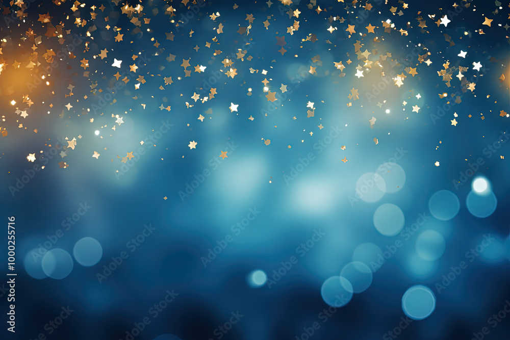 Poster blue background with silver and gold snowflake particles and blurred bokeh sparkles