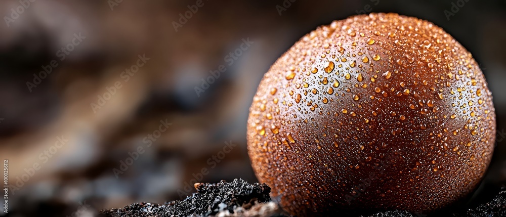 Poster  A close-up of an egg atop a mound of dirt, with droplets of water dripping from it