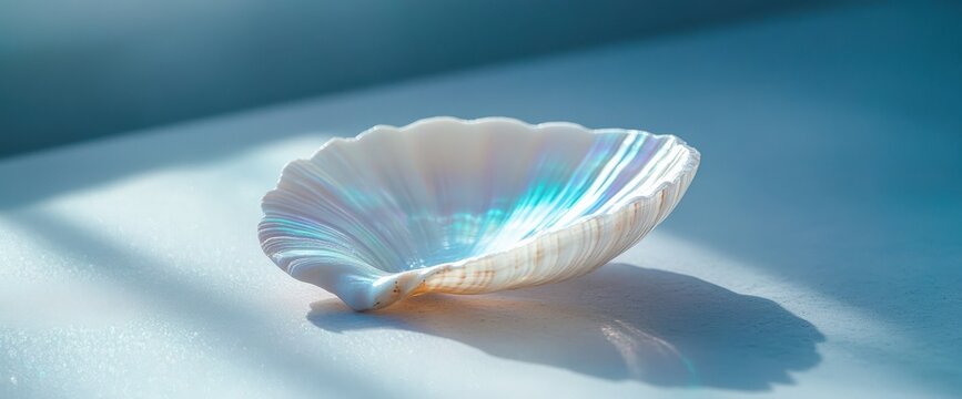 Pearlescent shell in sunlight - nature's elegance in serene blue setting