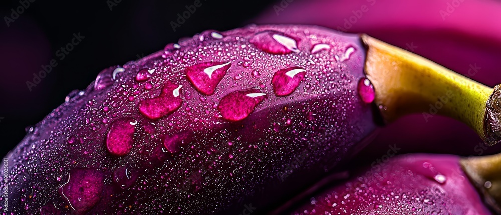 Sticker  A tight shot of a purple flower adorned with dew droplets, a banana inserted at its core