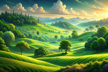 Fototapeta premium A tranquil landscape of rolling green hills under a radiant sky at sunrise, showcasing nature's serene beauty and rich colors. Generative AI