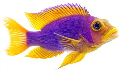 Royal gramma fish with vibrant purple and yellow coloration, isolated on white background, coral reef species, stunning marine life.