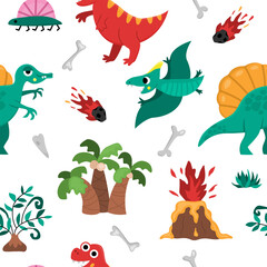 Vector dinosaur seamless pattern. Cute prehistoric animal repeat background. Dino digital paper with Pterodactyl, Tyrannosaurus, T-Rex, volcano, bones, asteroid for kids