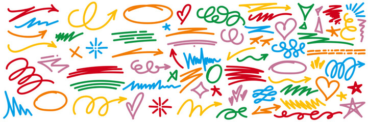 Decorative doodle elements, dynamic and colorful shapes, original vector illustrations, hand drawn gestures, creative, arrows shapes, hearts, lines, scratched out, doodles and symbols