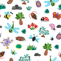 Vector ancient insects seamless pattern. Cute prehistoric animal repeat background. Dinosaur period digital paper with meganeura, bee, butterfly, centipede. Bugs and beetles texture