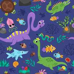 Vector marine dinosaur seamless pattern with plesiosaur. Cute prehistoric animal repeat background with elasmosaur, mosasaur, ichthyosaur. Ocean, sea or water dino digital paper for kids