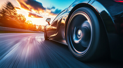 Ultra-wide-angle lens of the rear of a sports car running at high speed.