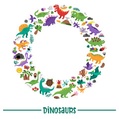 Vector dinosaur round wreath frame with Pterodactyl, Stegosaurus, Tyrannosaurus, Triceratops, T-Rex. Prehistoric animal card template design for banner, invitation. Dino party elements for kids