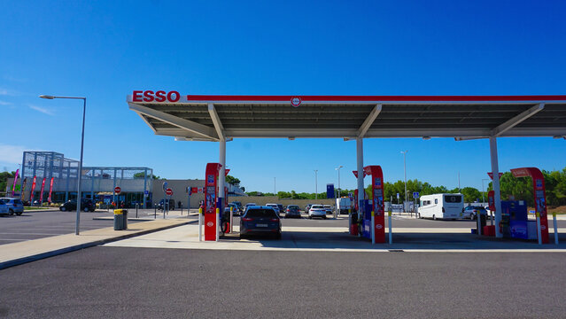 Dresden, Germany - April 18, 2024: View of the Esso gas station. Esso is a trading name for ExxonMobil. American ExxonMobil is the largest company in the world that deals in the sale of oil and gas.