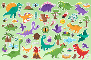 Vector dinosaur sticker pack. Cute prehistoric animal icons collection. Dino illustrations with Pterodactyl, Stegosaurus, Tyrannosaurus, Triceratops, T-Rex. Dino party elements set for kids