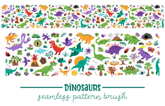 Vector dinosaur horizontal seamless border brush with Pterodactyl, Stegosaurus, Tyrannosaurus, Triceratops, T-Rex. Prehistoric animal repeat background for frame design, banner, invitation