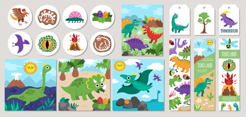 Cute dinosaur cards set with Pterodactyl, Stegosaurus, Tyrannosaurus, Triceratops, T-Rex. Vector cartoon prehistoric square, round, vertical print templates, tags, postcards, ads © Lexi Claus