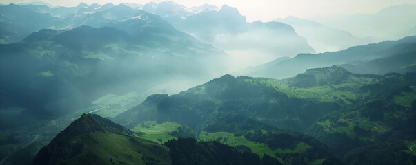 Peaks of beautiful green Swiss Alps in the summer