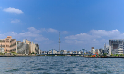 Obraz premium 隅田川から見た両国付近の風景、東京スカイツリー