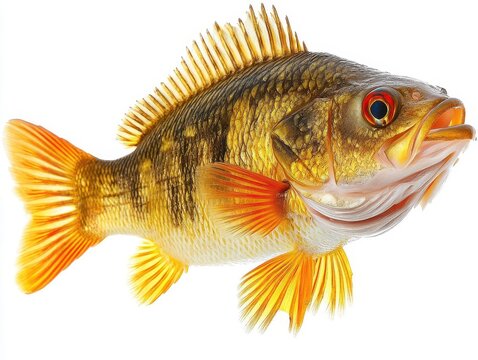 Golden perch, detailed scales and fins, isolated on white background, freshwater fish species, common fishery catch.