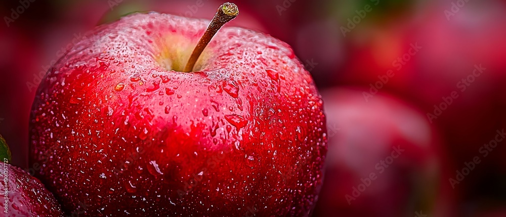 Poster  A red apple with numerous water droplets and a green leaf in sharp focus