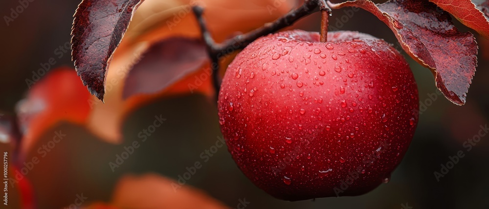 Sticker  A red apple, poised on a tree branch, is surrounded by water-specked leaves, as it remains unmoved