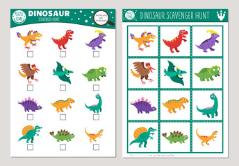 Vector dinosaur scavenger hunt cards set. Seek and find game with cute Pterodactyl, Stegosaurus, Triceratops, T-Rex for kids. Prehistoric searching activity. Educational printable worksheet