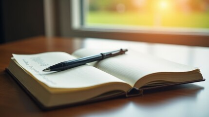 Fototapeta premium Open Journal with Pen on Wooden Desk, Bathed in Morning Sunlight