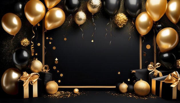 Celebrate in style at the black and gold sale extravaganza adorned with luxurious balloons, perfect for an upscale shopping experience this holiday season. Generative AI