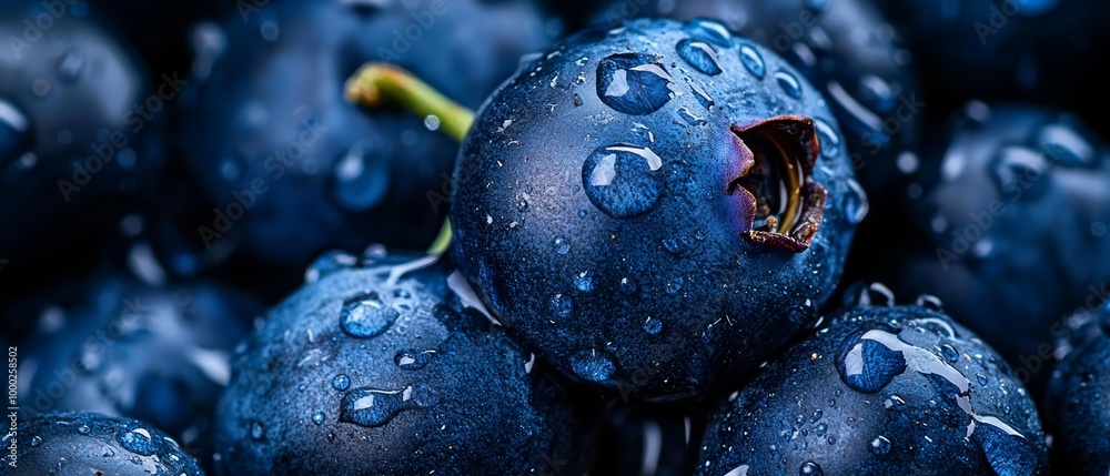 Poster  A tight shot of multiple blueberries, each with a droplet of water atop and bottom