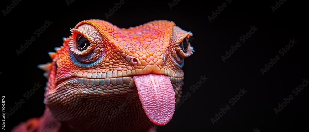 Poster  Close-up of a lizard's face with its pink tongue extended against black backdrop